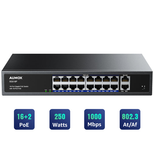 Commutateur PoE Gigabit AUMOX 18 ports 250 W, PoE 16 ports avec 2 ports de liaison montante (SG518P)