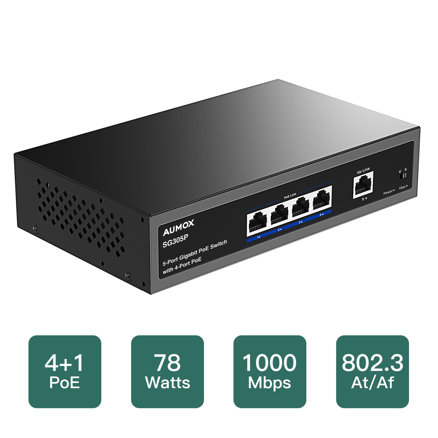 Commutateur Gigabit AUMOX 5 ports avec 4 ports PoE 78W (SG305P)