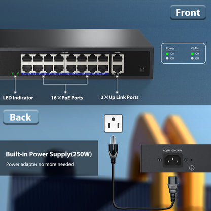 Conmutador PoE Gigabit de 18 puertos AUMOX, 250 W, PoE de 16 puertos con 2 puertos de enlace ascendente (SG518P)