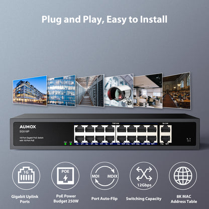 AUMOX 18 Port Gigabit PoE Switch 250W, 16 Port PoE with 2 Uplink Ports (SG518P)